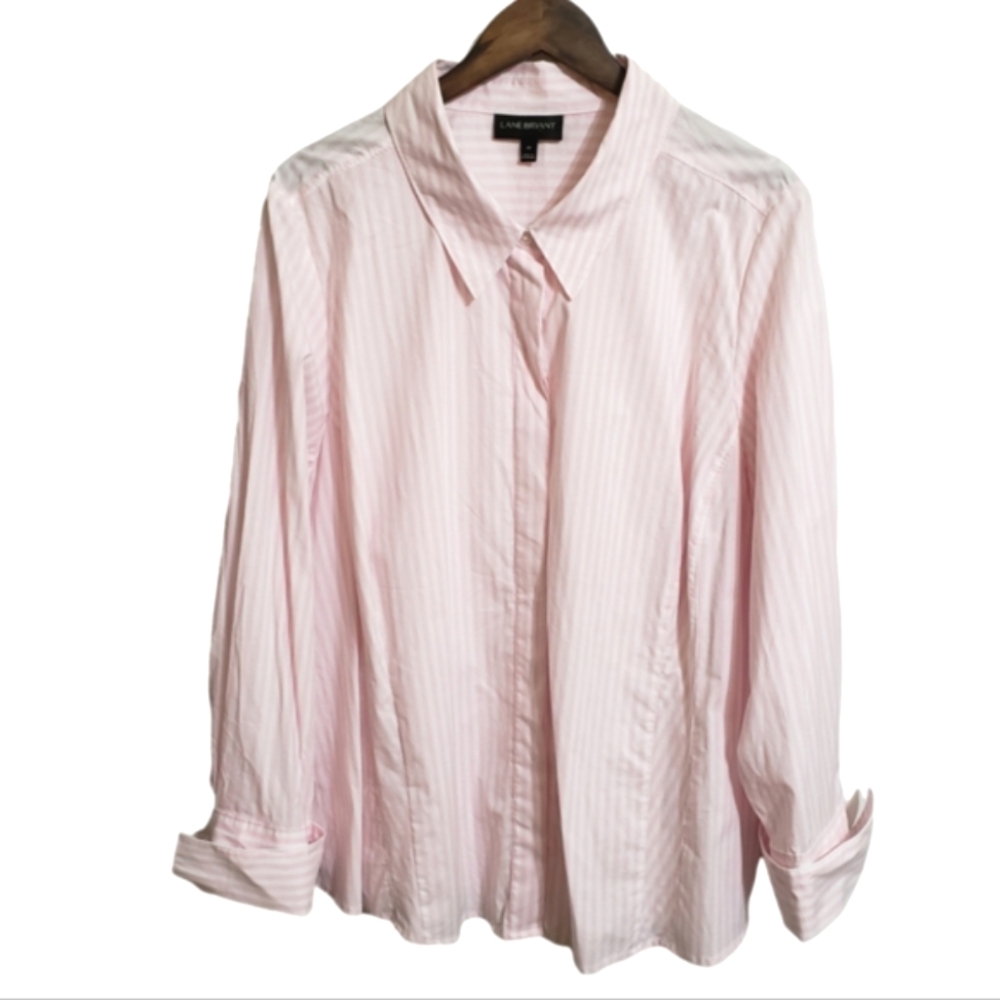 Lane Bryant Pink and White Striped Button Front Shirt Blouse Top Women's Size 28